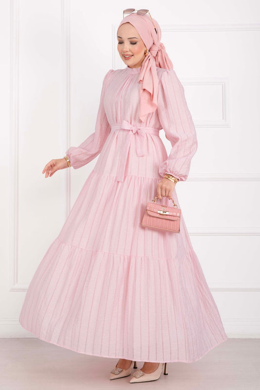 Kuşaklı Kat Kat Elbise Pembe