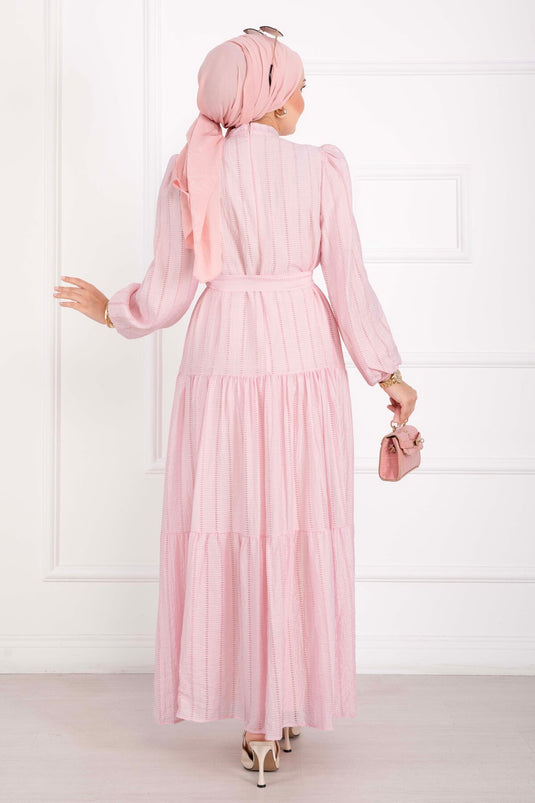 Kuşaklı Kat Kat Elbise Pembe