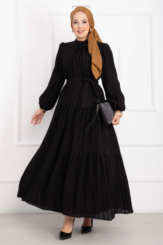 Kuşaklı Kat Kat Elbise Siyah