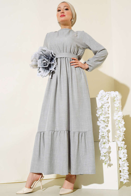 Kuşaklı Kat Keten Elbise Gri