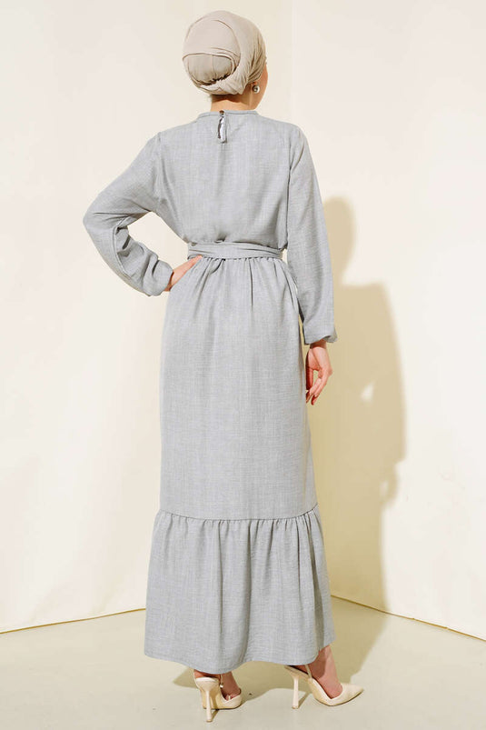 Kuşaklı Kat Keten Elbise Gri