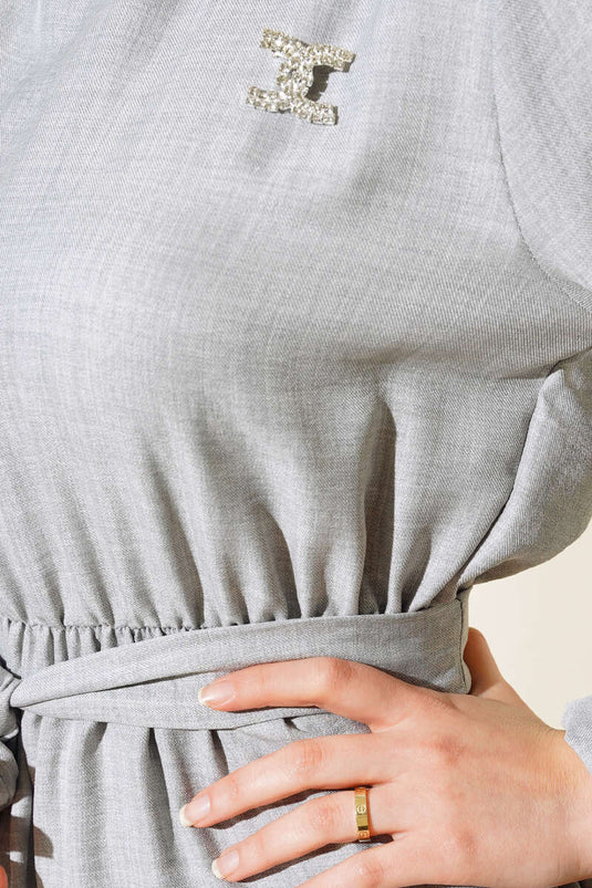 Kuşaklı Kat Keten Elbise Gri