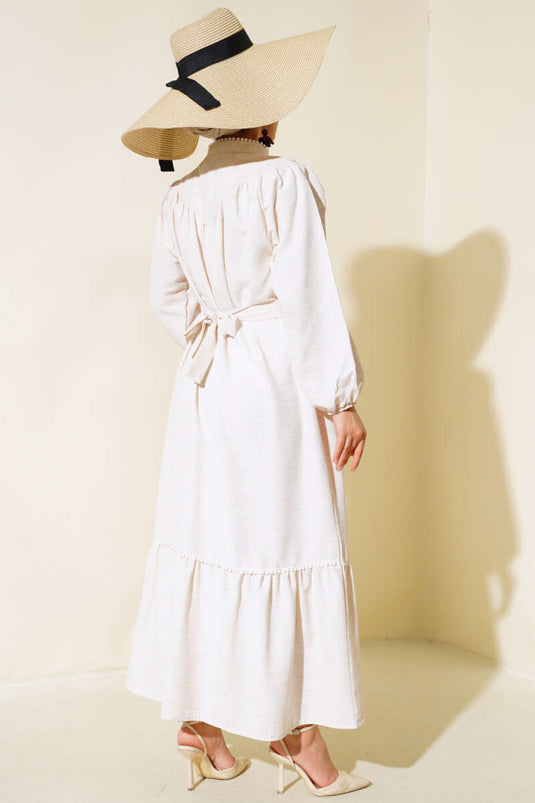Belted Linen Midi Dress Beige