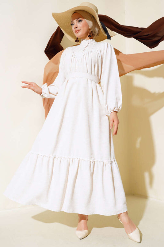 Belted Linen Midi Dress Beige