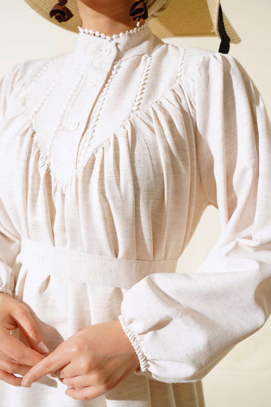 Belted Linen Midi Dress Beige