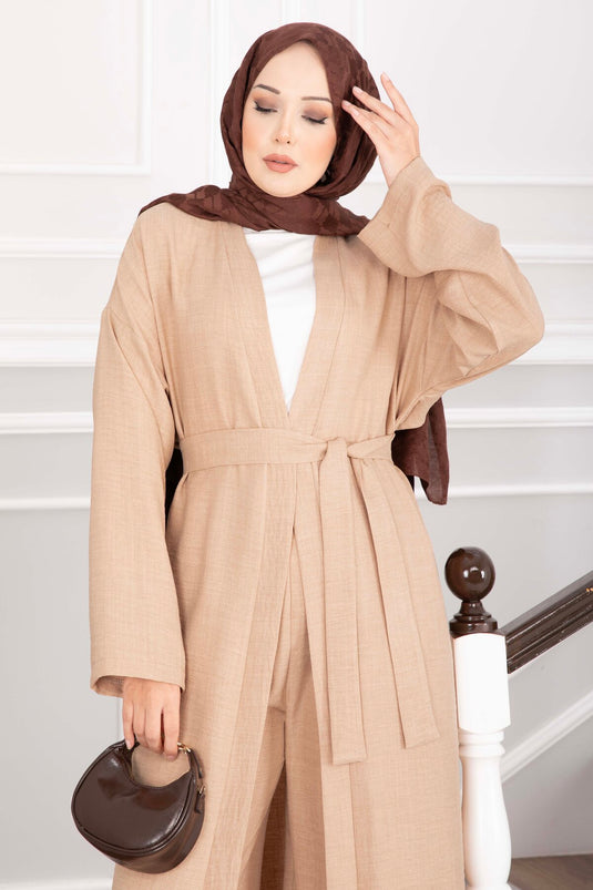 Kuşaklı Kimono Pantolon İkili Takım Camel