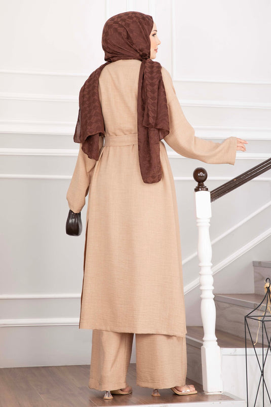 Kuşaklı Kimono Pantolon İkili Takım Camel
