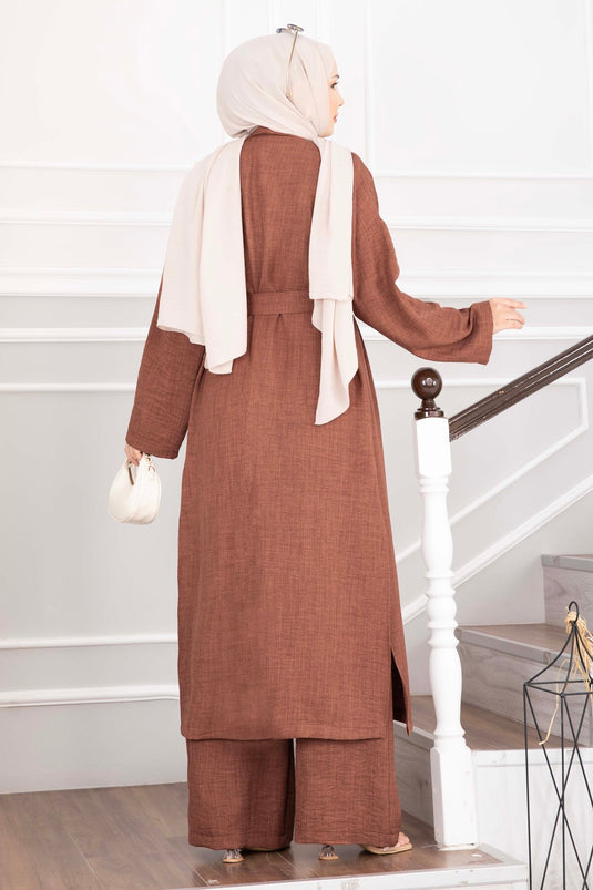 Kuşaklı Kimono Pantolon İkili Takım Kahve