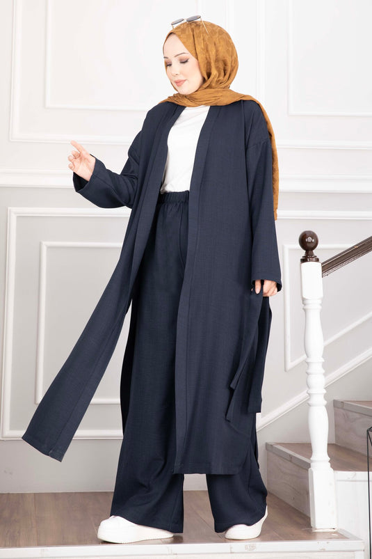 Kuşaklı Kimono Pantolon İkili Takım Lacivert