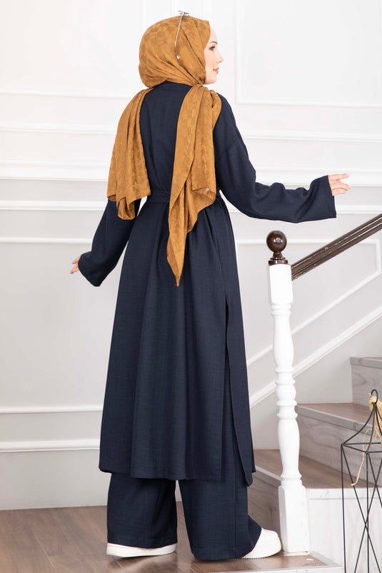 Kuşaklı Kimono Pantolon İkili Takım Lacivert
