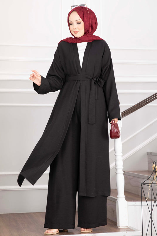 Kuşaklı Kimono Pantolon İkili Takım Siyah