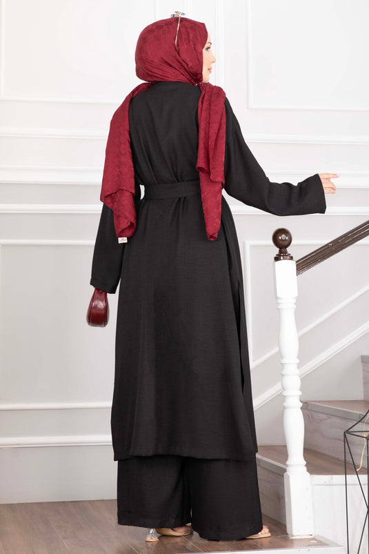 Kuşaklı Kimono Pantolon İkili Takım Siyah