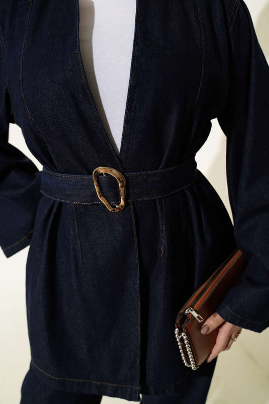 Ensemble deux pièces en jean avec kimono ceinturé bleu marine