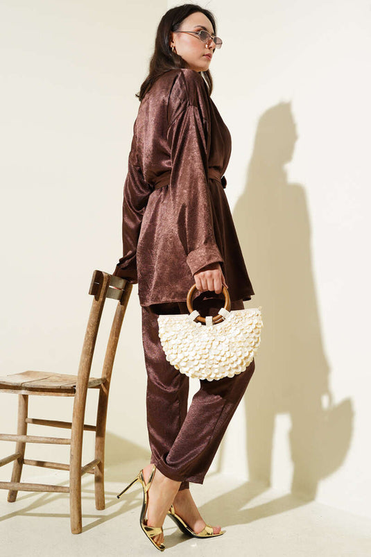 Belted Crinkle Satin Two Piece Suit Brown