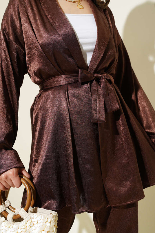 Belted Crinkle Satin Two Piece Suit Brown