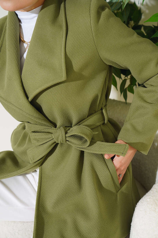 Belted Short Wool Coat Sage Green