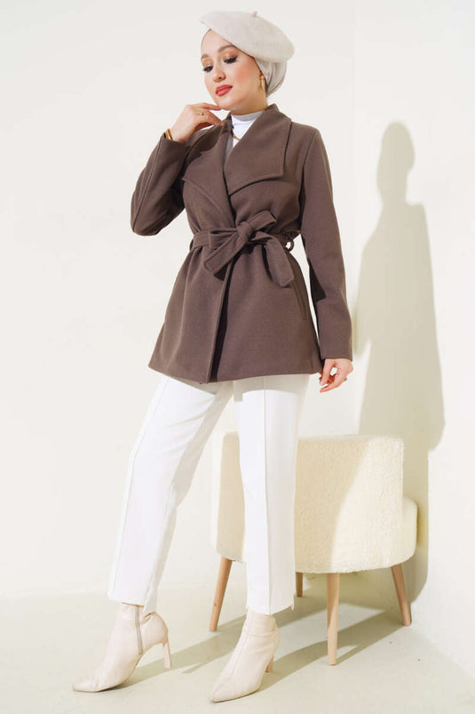 Belted Short Wool Coat Brown