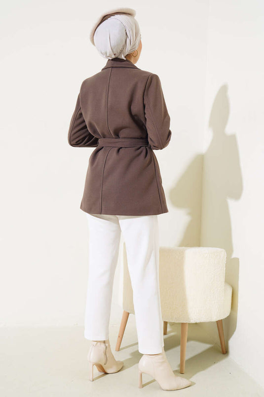 Belted Short Wool Coat Brown