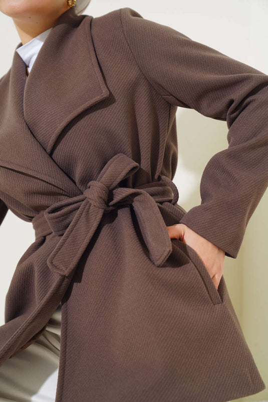 Belted Short Wool Coat Brown