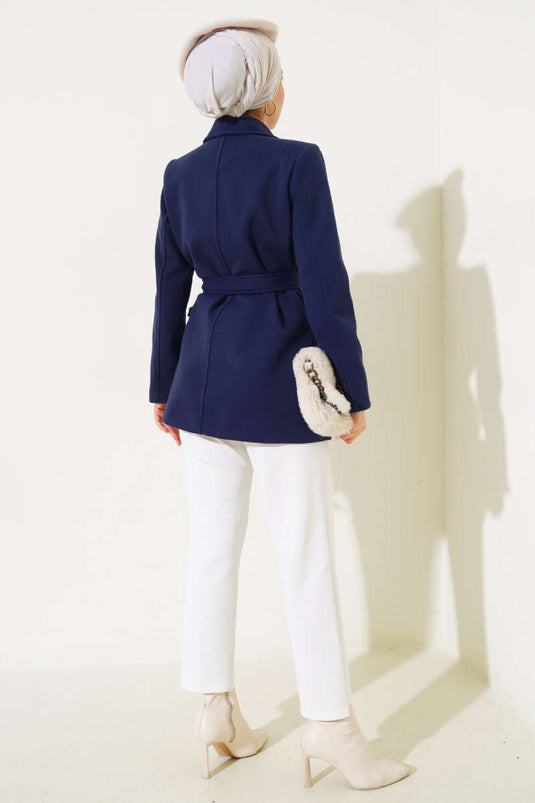 Belted Short Wool Coat Navy Blue