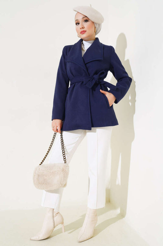 Belted Short Wool Coat Navy Blue