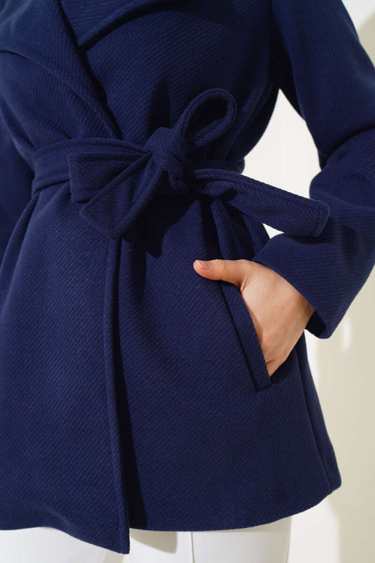 Belted Short Wool Coat Navy Blue