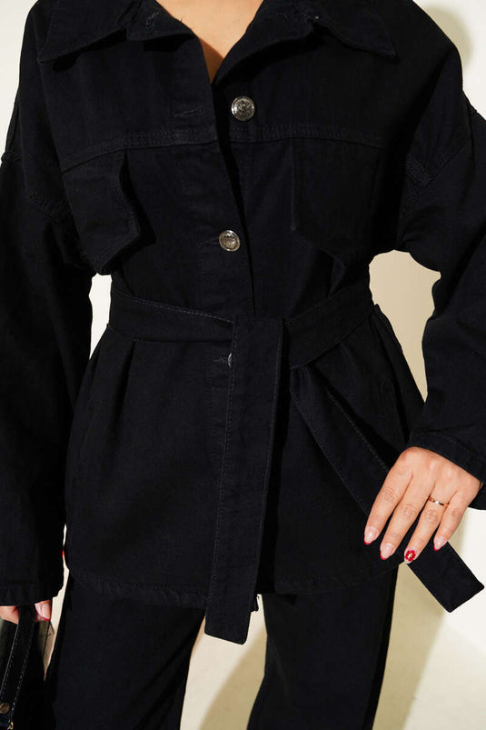 Veste en jean ceinturée et costume deux pièces en jean noir