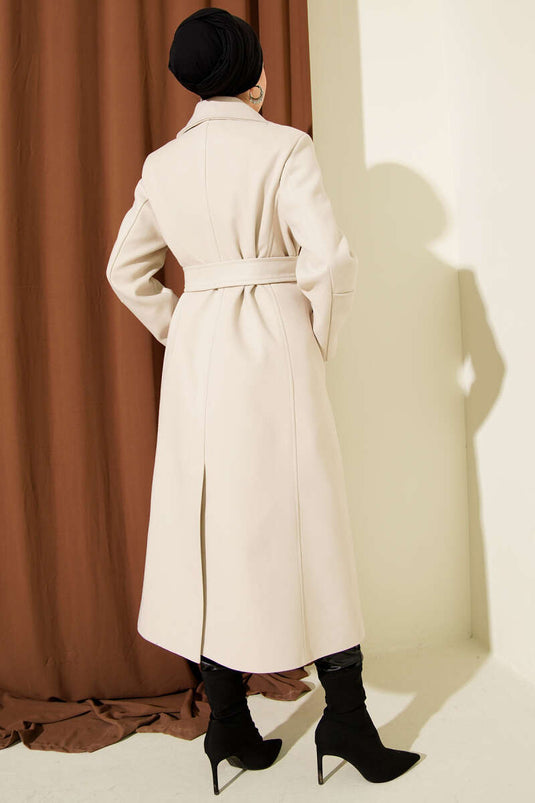 Belted Double-Breasted Pocketed Cashmere Coat, Beige
