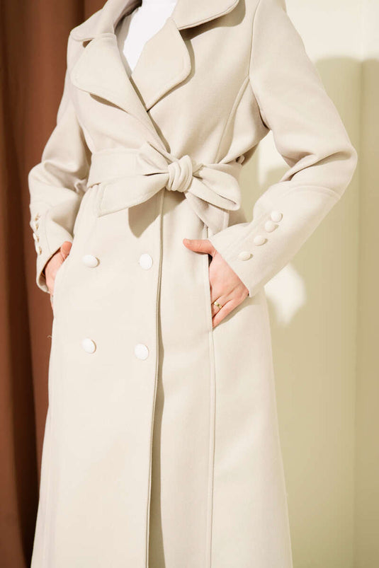 Belted Double-Breasted Pocketed Cashmere Coat, Beige