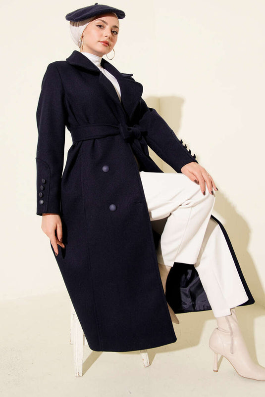 Belted, Double-Breasted, Pocketed Cashmere Coat, Navy Blue