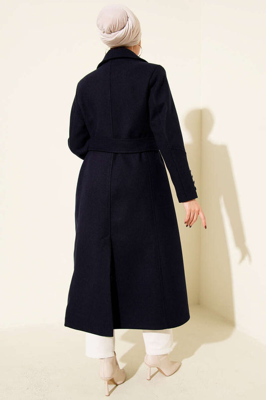 Belted, Double-Breasted, Pocketed Cashmere Coat, Navy Blue