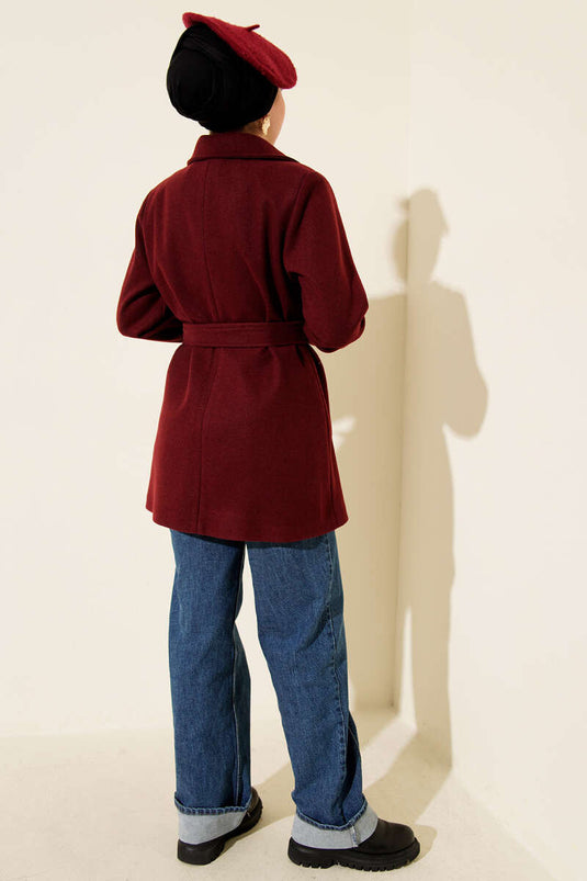 Belted Double-Breasted Short Cashmere Coat, Burgundy