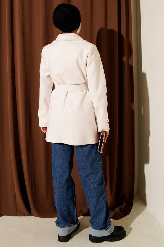 Belted Double-Breasted Short Cashmere Coat, Ecru