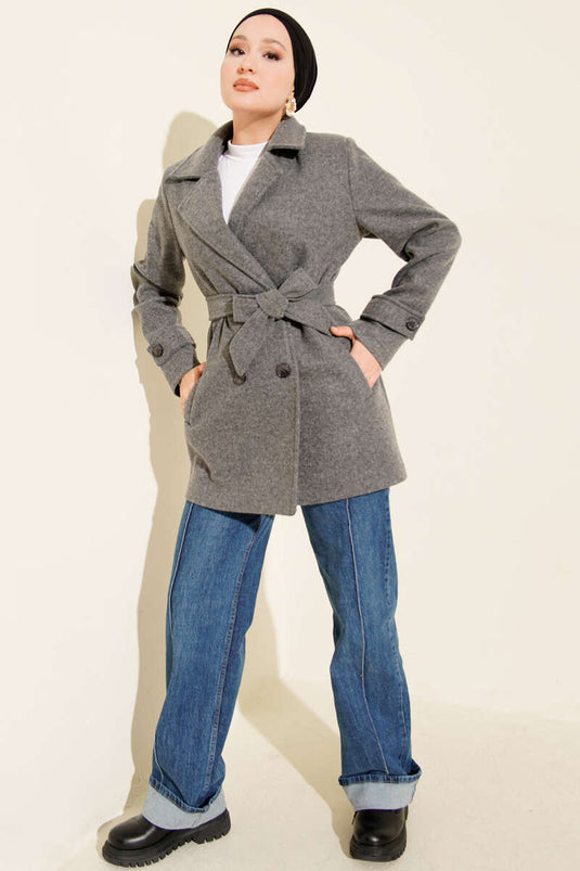 Short, Double-Breasted Cashmere Coat in Smoke Grey