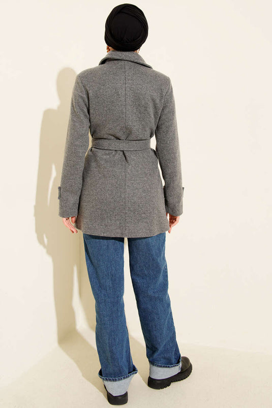 Short, Double-Breasted Cashmere Coat in Smoke Grey