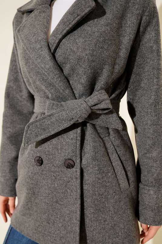 Short, Double-Breasted Cashmere Coat in Smoke Grey