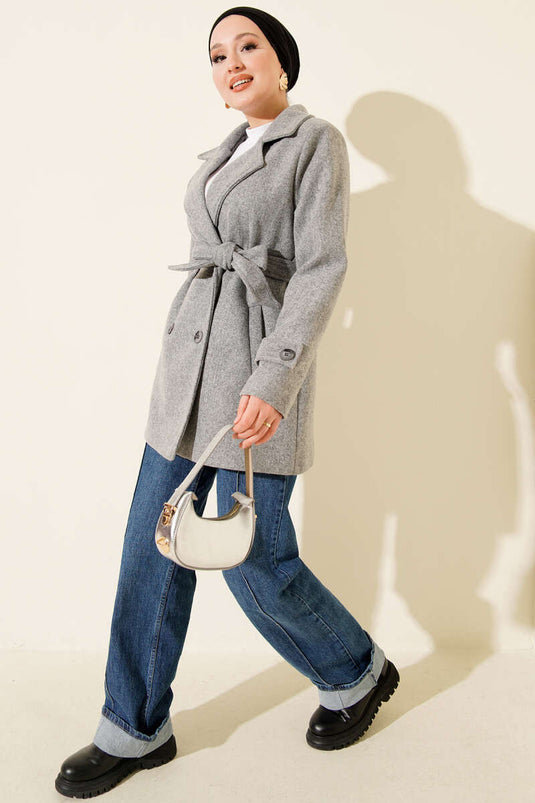 Belted Double-Breasted Short Cashmere Coat, Grey