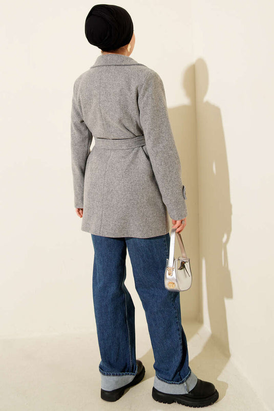Belted Double-Breasted Short Cashmere Coat, Grey