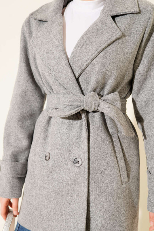 Belted Double-Breasted Short Cashmere Coat, Grey