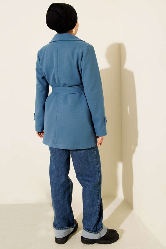 Belted Double-Breasted Short Cashmere Coat, Blue