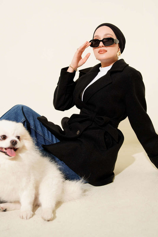 Belted Double-Breasted Short Cashmere Coat, Black