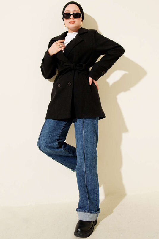 Belted Double-Breasted Short Cashmere Coat, Black