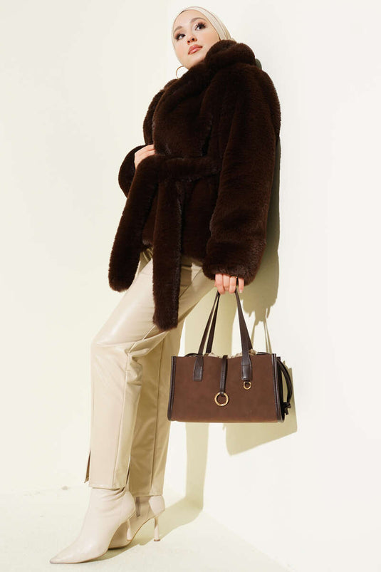 Belted Double-Breasted Fur Coat Brown
