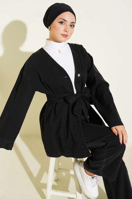 Belted Metal Buttoned Denim Two Piece Set Black