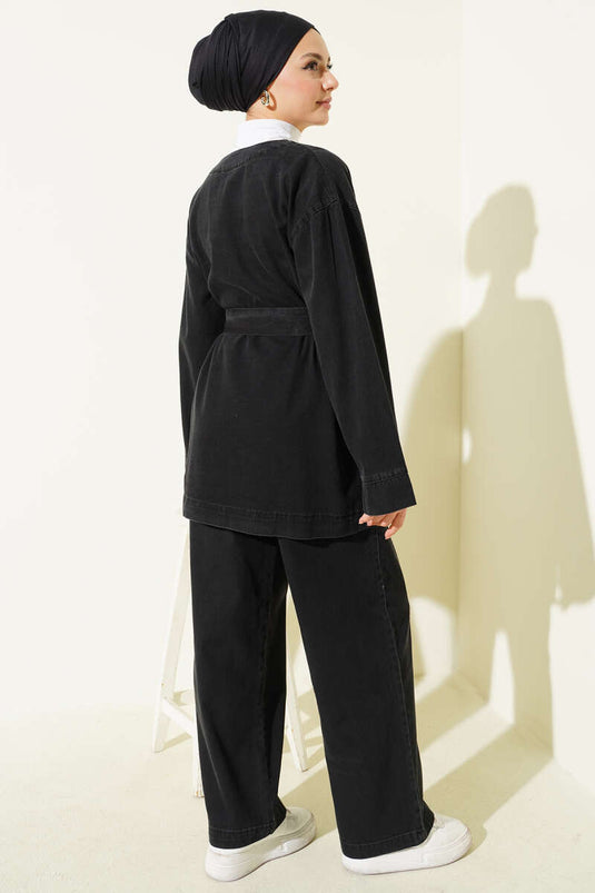 Belted Metal Buttoned Denim Two Piece Set Black