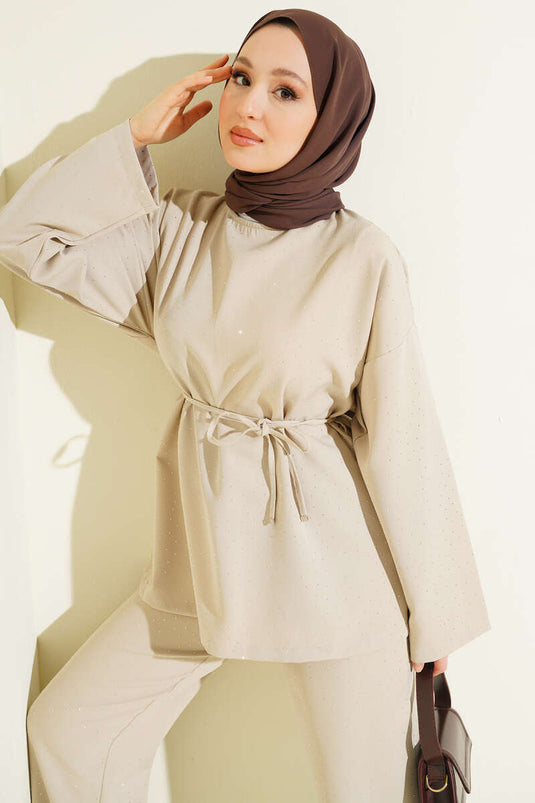 Ensemble Deux Pièces Mini Ceinturé avec Pierres Beige