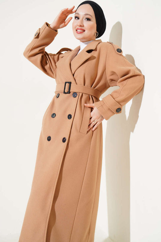 Belted Shoulder Epaulette Long Wool Coat Latte