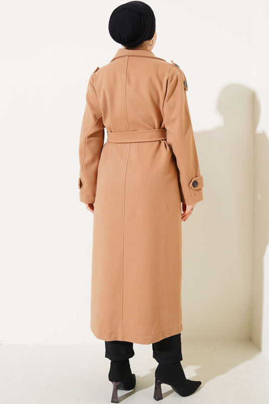 Belted Shoulder Epaulette Long Wool Coat Latte