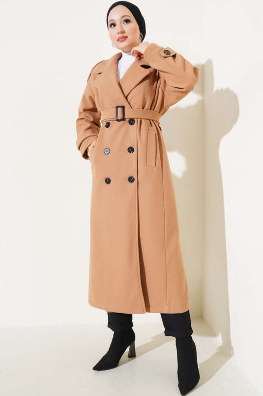 Belted Shoulder Epaulette Long Wool Coat Latte