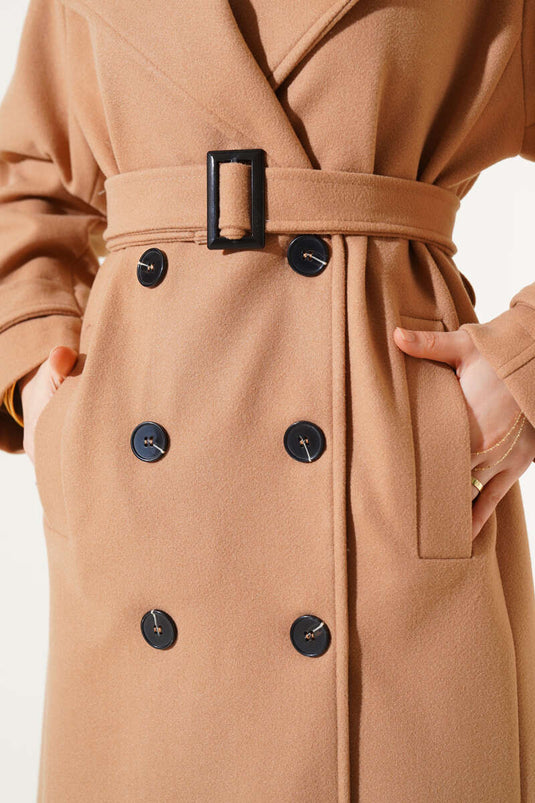 Belted Shoulder Epaulette Long Wool Coat Latte